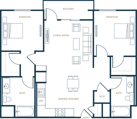 Floor plan for 2 beds, 2 baths, 1006 sqft